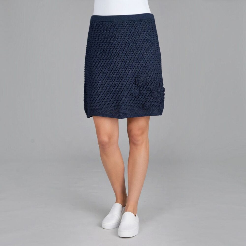 Tuckernuck Knit Pencil Skirt Small Blue Cotton Pull On Stretch Lined Knee-Length